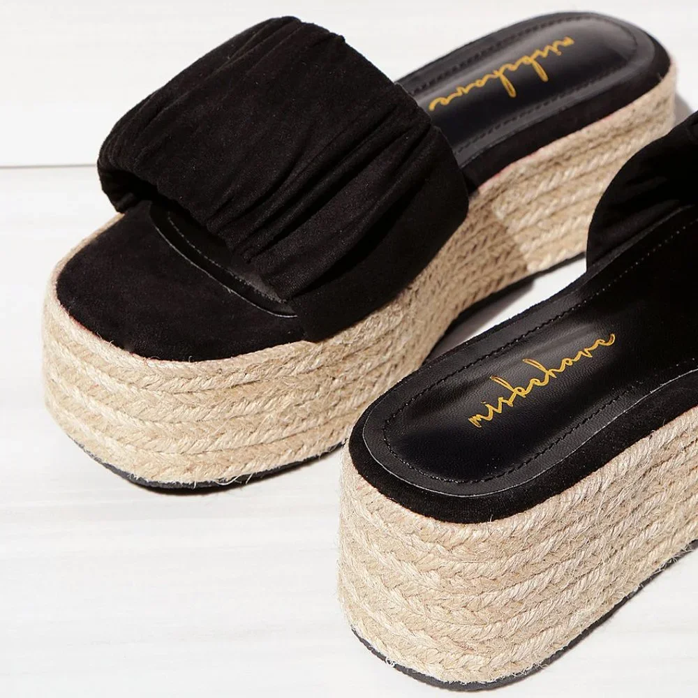 NEW Black Ruched Faux Suede Espadrille Slip On Slides Wedge Platform Sandal Shoe